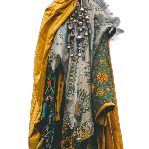 jacket, dress, jewelry, staff, photorealistic, earth tones, golden, dark transparent PNG cut-out