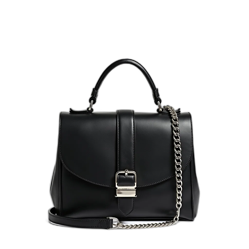 monochrome, black, leather, handbag, silver, buckle, chain, strap transparent PNG cut-out