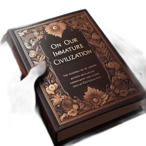 photorealistic, hand, holds, book, titled, our, immature, civilization transparent PNG cut-out