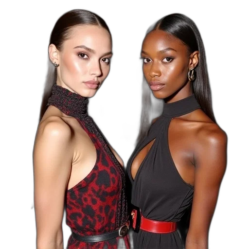 dress, jewelry, dark, earth tones, two, models, attended, first transparent PNG cut-out