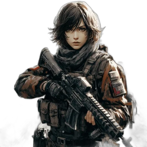 weapon, face, jacket, concept art, fantasy art, photorealistic, comic book art, post-apocalyptic transparent PNG cut-out