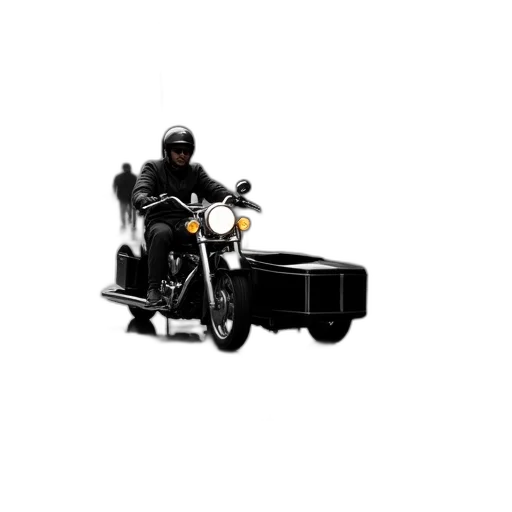 3d render, concept art, photorealistic, man, riding, motorcycle, sidecar, attached transparent PNG cut-out