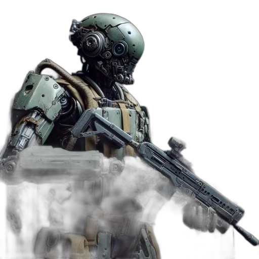 robot, weapon, concept art, 3d render, pixel art, fantasy art, outer space, fog transparent PNG cut-out