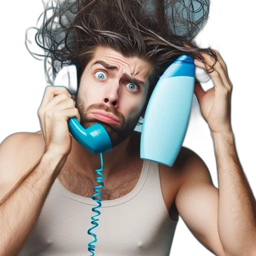 hair, man, tousled, holds, blue, phone, receiver, bottle transparent PNG cut-out