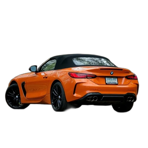 car, 3d render, photorealistic, orange, bmw, parked, next, trees transparent PNG cut-out