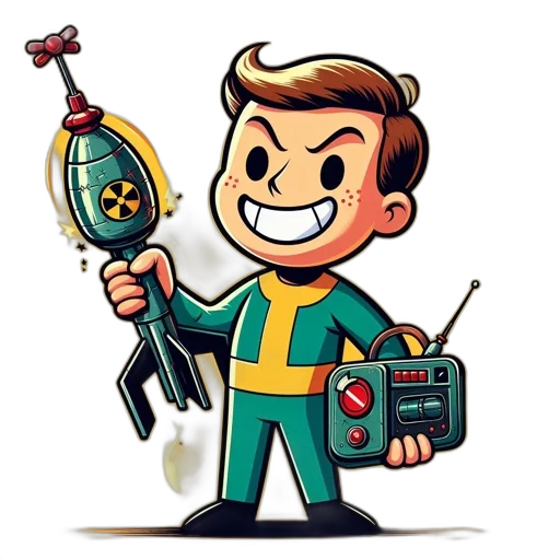 staff, robot, weapon, cartoon, comic book art, concept art, pixel art, smiling transparent PNG cut-out