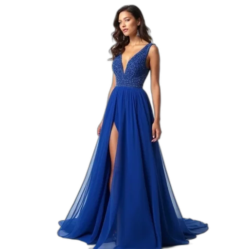 dress, blue, woman, wearing, v-neckline, fitted, bodice, flared transparent PNG cut-out