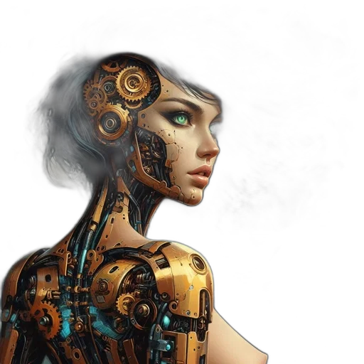 robot, cyberpunk, concept art, fantasy art, photorealistic, golden, woman, integrated transparent PNG cut-out