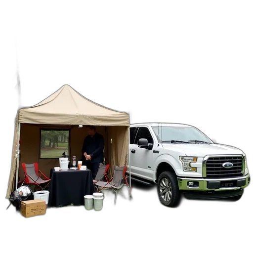 white, truck, parked, grassy, area, tent, set, behind transparent PNG cut-out