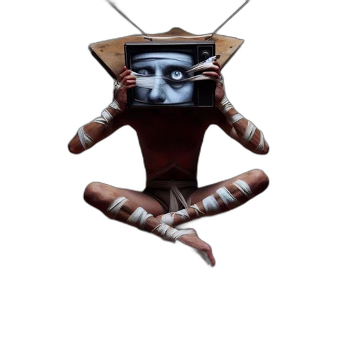 robot, mask, staff, creature, concept art, 3d render, pixel art, cartoon transparent PNG cut-out