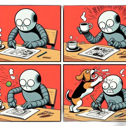 robot, comic book art, concept art, cartoon, cyberpunk, fire, amusing, 4-panel transparent PNG cut-out