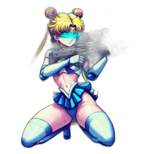 robot, weapon, cyberpunk, anime, pixel art, vaporwave, neon lights, outer space transparent PNG cut-out