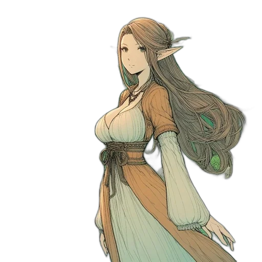 dress, staff, fantasy art, concept art, pixel art, watercolor, green, earth tones transparent PNG cut-out