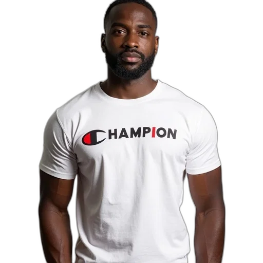 man, wearing, white, t-shirt, word, champion, red, black transparent PNG cut-out
