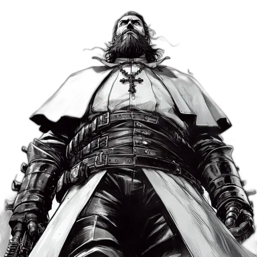 sword, weapon, jacket, comic book art, concept art, fantasy art, photorealistic, monochrome transparent PNG cut-out