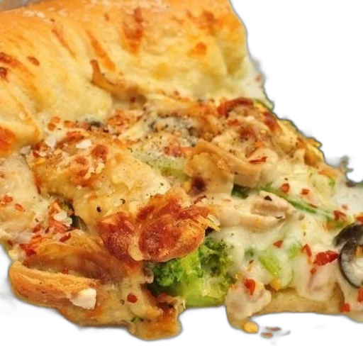 food, photorealistic, slice, pizza, broccoli, mushrooms, cheese, white transparent PNG cut-out