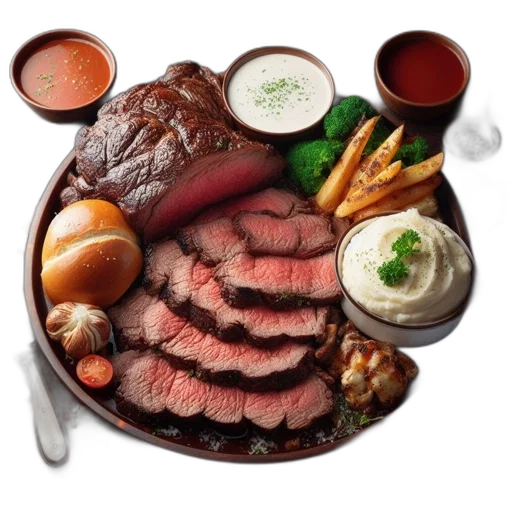 food, sumptuous, meal, features, sliced, medium-rare, roast, beef transparent PNG cut-out