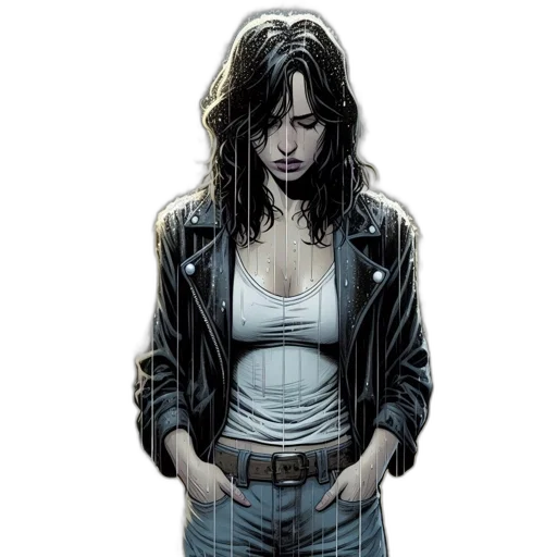 jacket, comic book art, concept art, cyberpunk, photorealistic, introspective, woman, stands transparent PNG cut-out