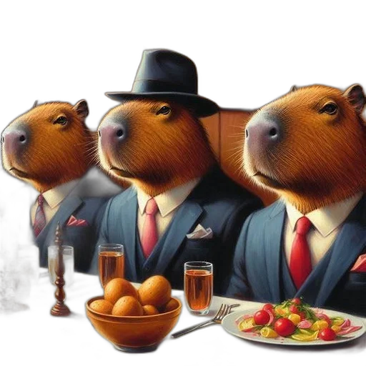 food, concept art, photorealistic, oil painting, 3d render, three, capybaras, dressed transparent PNG cut-out
