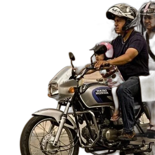photorealistic, man, child, ride, blue, silver, motorcycle, brand transparent PNG cut-out