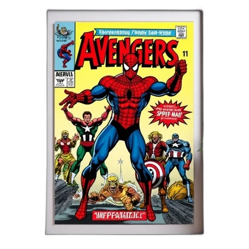 comic book art, framed, comic, book, cover, featuring, avengers, spider-man transparent PNG cut-out