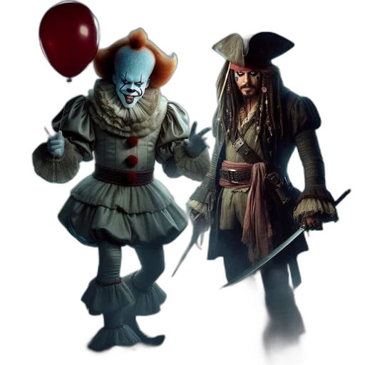 concept art, fantasy art, pixel art, comic book art, two, characters, menacing, clown transparent PNG cut-out