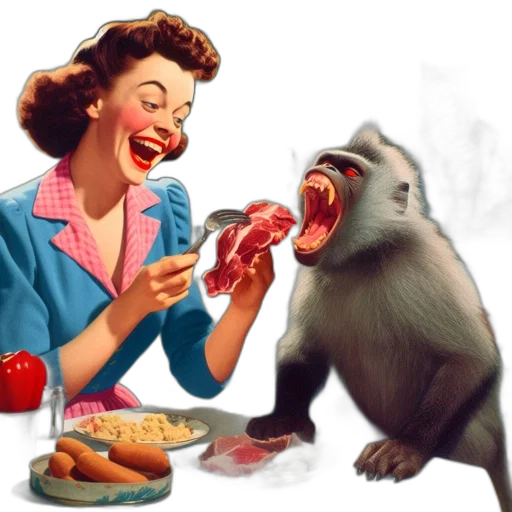 food, concept art, woman, feeds, large, monkey, raw, meat transparent PNG cut-out