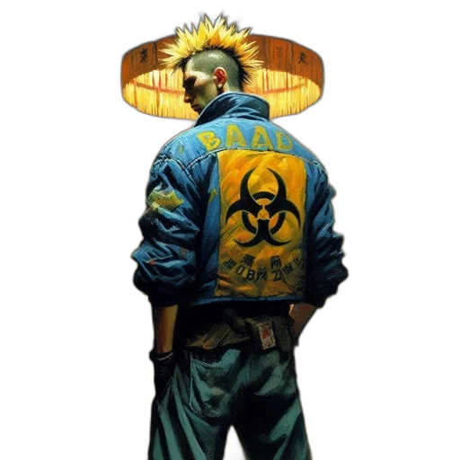 jacket, robot, cyberpunk, comic book art, concept art, pixel art, outer space, man transparent PNG cut-out