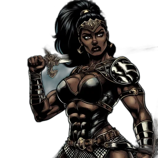 comic book art, concept art, fantasy art, cartoon, imposing, female, warrior, clad transparent PNG cut-out