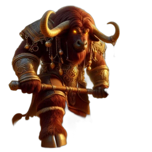 concept art, fantasy art, 3d render, anthropomorphic, bull-creature, donning, armor, stands transparent PNG cut-out