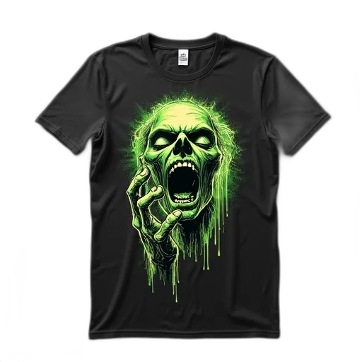 3d render, green, black, t-shirt, white, graphic, zombie, face transparent PNG cut-out