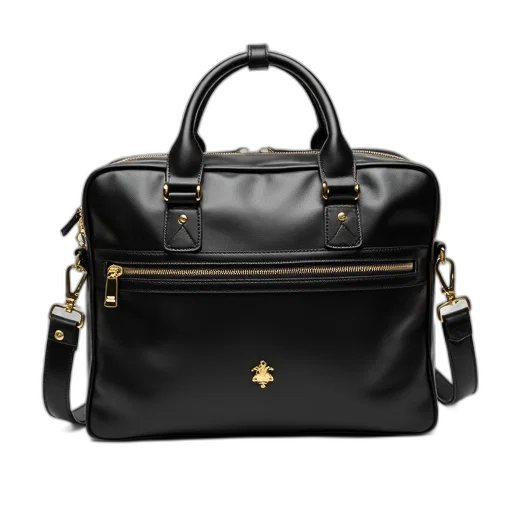 black, leather, briefcase, gold, zipper, logo, front, has transparent PNG cut-out
