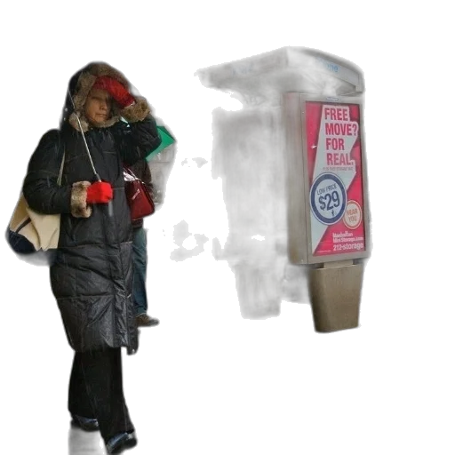 jacket, bottle, 3d render, concept art, vaporwave, snow, woman, black transparent PNG cut-out