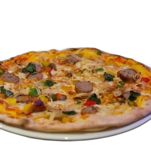 food, 3d render, photorealistic, delicious-looking, pizza, various, toppings, sits transparent PNG cut-out