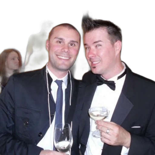 staff, two, men, tuxedos, holding, wine, glasses, front transparent PNG cut-out