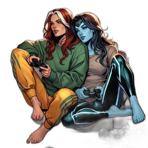 comic book art, concept art, fantasy art, blue, colorful, two, women, one transparent PNG cut-out