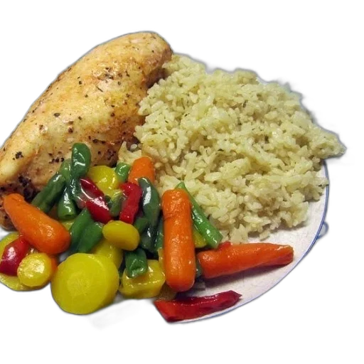 food, plate, rice, chicken, mixed, vegetables transparent PNG cut-out