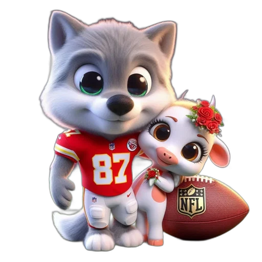 concept art, fantasy art, cartoon, 3d render, anthropomorphic, wolf, cow, play transparent PNG cut-out