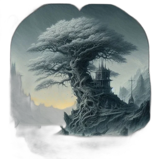 tree, fantasy art, concept art, pixel art, photorealistic, fog, snow, forest transparent PNG cut-out
