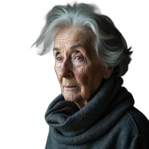 face, jacket, hair, mask, photorealistic, old, woman, grey transparent PNG cut-out