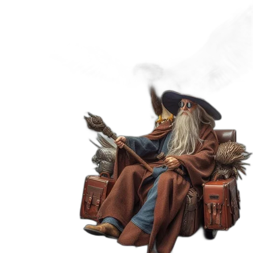hat, staff, furniture, jacket, concept art, fantasy art, 3d render, photorealistic transparent PNG cut-out
