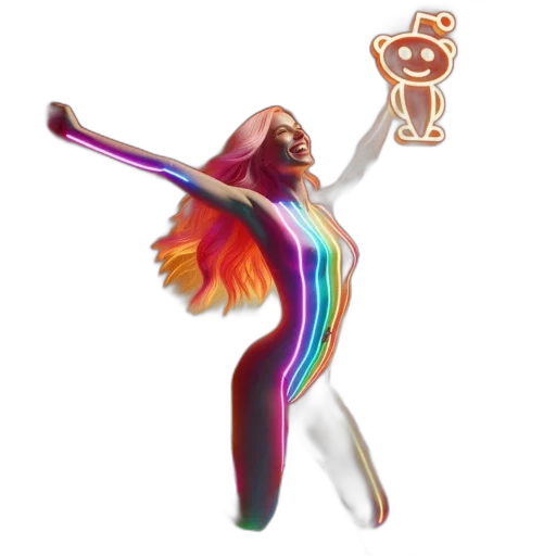 staff, concept art, 3d render, vaporwave, colorful, woman, neon-illuminated, long transparent PNG cut-out