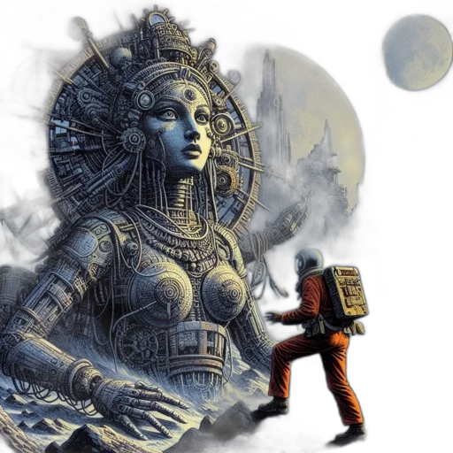 concept art, fantasy art, comic book art, cyberpunk, outer space, colossal, steampunk-inspired, statue transparent PNG cut-out