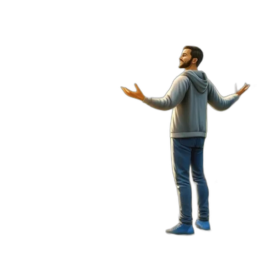 jacket, staff, robot, 3d render, concept art, pixel art, man, stands transparent PNG cut-out