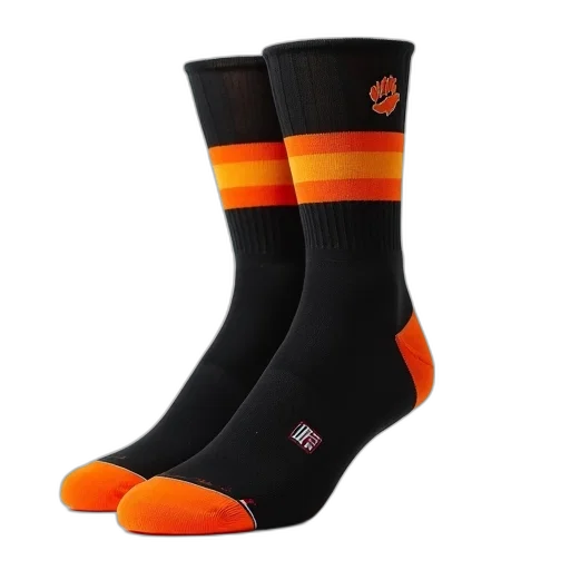 pair, black, orange, striped, socks, logo, left, sock transparent PNG cut-out