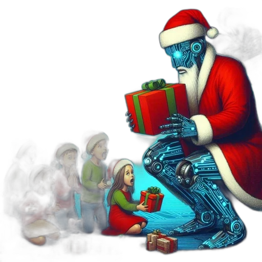 concept art, robotic, santa, claus, festive, cityscape, backdrop, admired transparent PNG cut-out