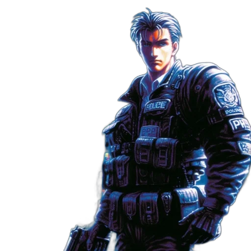 jacket, weapon, concept art, cyberpunk, pixel art, vaporwave, blue, stern-faced transparent PNG cut-out