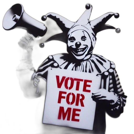 robot, artistic, rendition, shows, clown, megaphone, sign, promoting transparent PNG cut-out