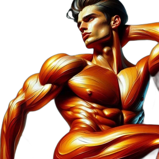 comic book art, photorealistic, concept art, 3d render, golden, muscular, man, digitally transparent PNG cut-out