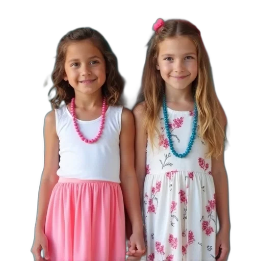 dress, jewelry, pastel, two, young, girls, standing, front transparent PNG cut-out